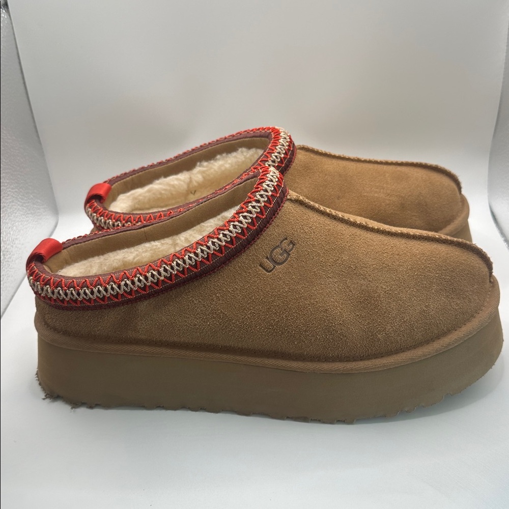 UGG Chestnut Suede Slip-On Clogs with Red and Cream Trim